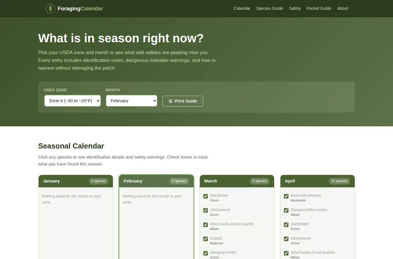 Screenshot of Foraging Season Calendar interface showing the project page in use
